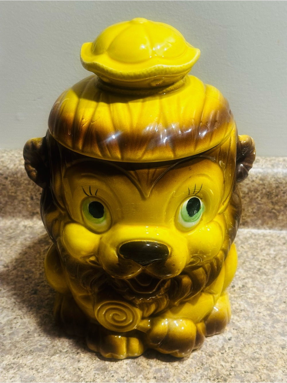 Vintage Lion LOLLIPOP Crown Japan Cookie Jar Joy's Yellow Brown Retro Canister